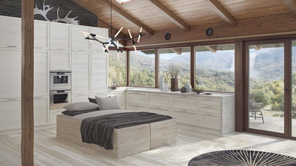 Modern cottage interior with Tablebed