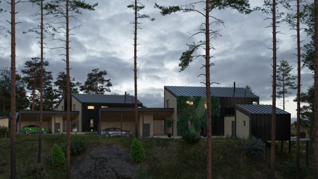 Modern exterior of Lounakallio housings at Naantali Housing Fair in Luonnonmaa. 